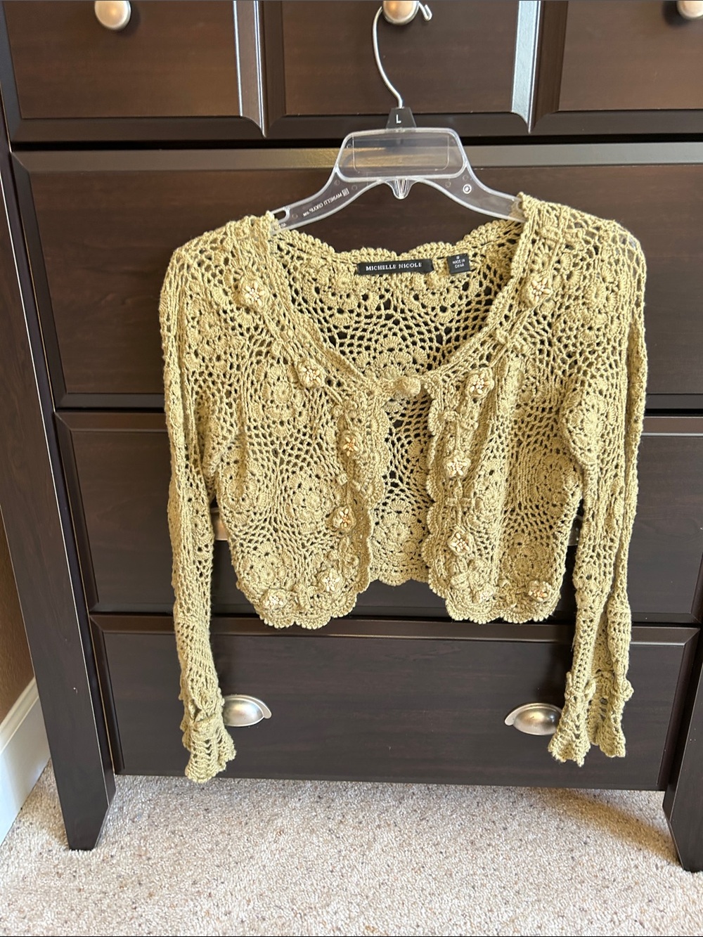 Michelle Nicole Olive Green Crochet Knit Bolero Cardigan